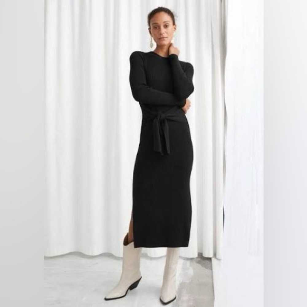 & Other Stories Ribbed Knot Tie Belted Midi Dress in Black.